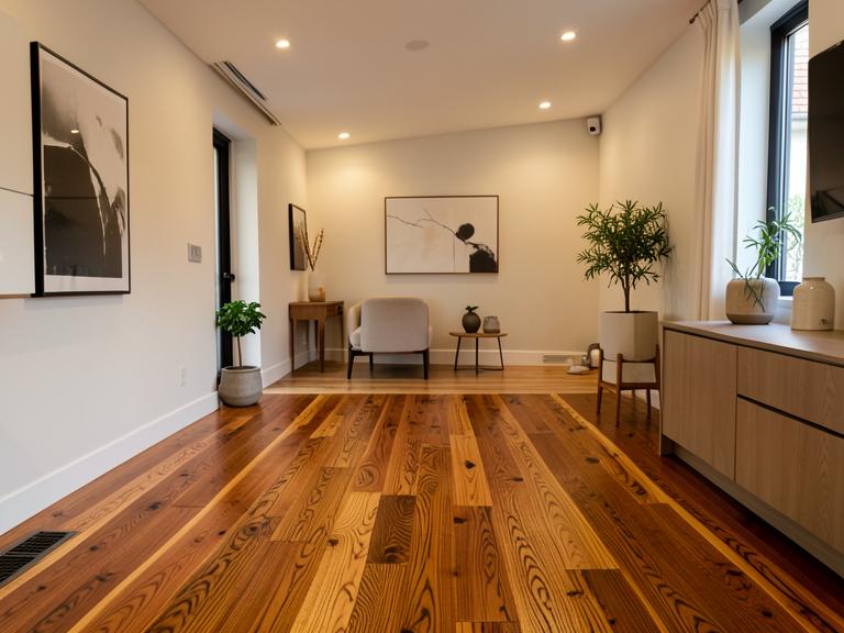 Room with natural hardwood flooring