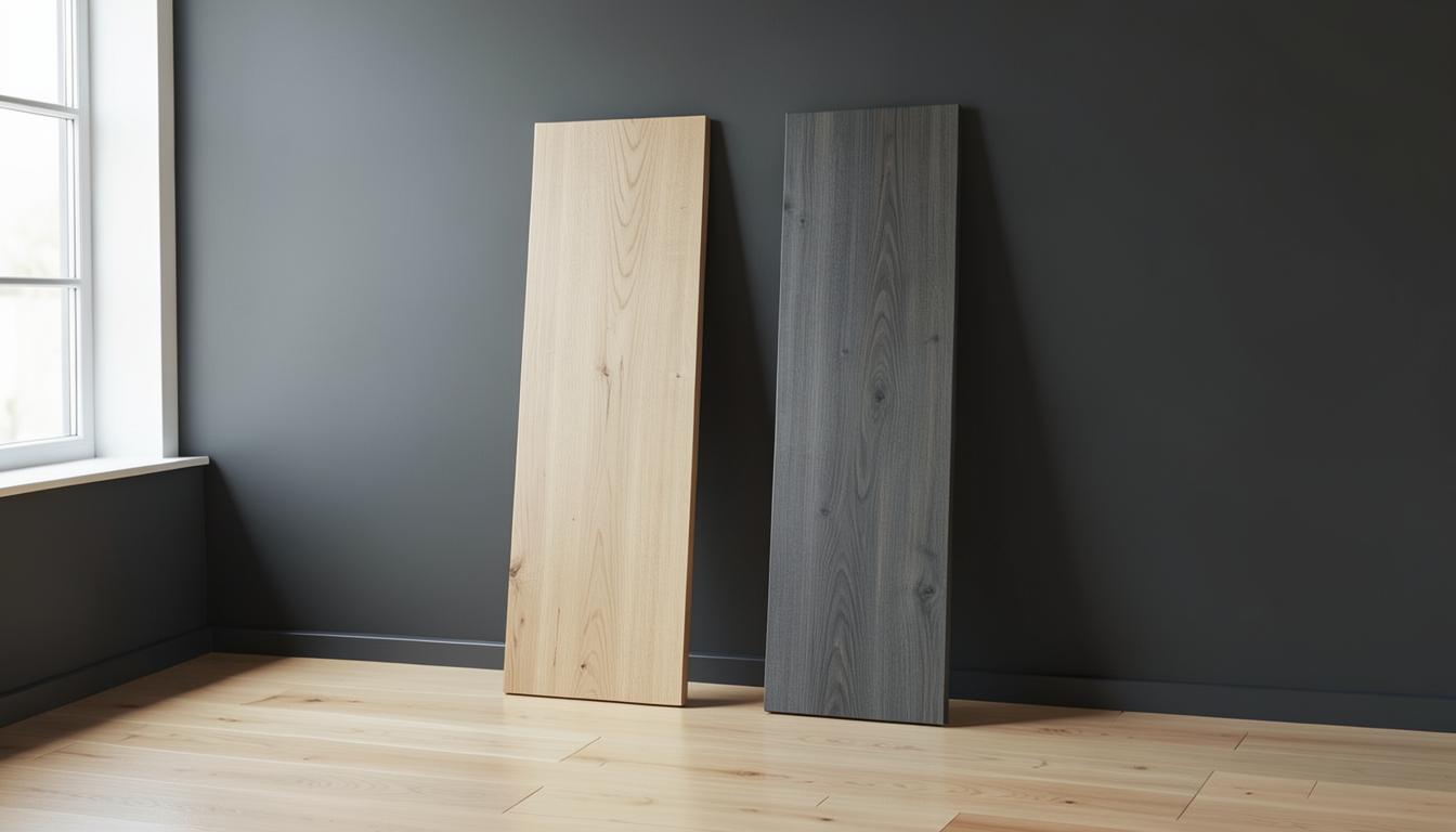 Wood flooring sample planks leaning against a showroom wall