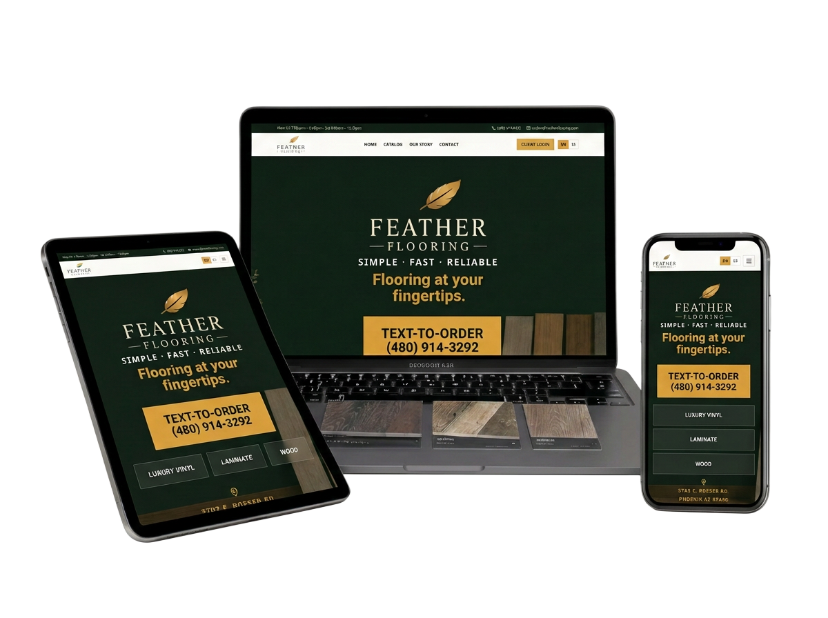 Feather Flooring catalog shown on a laptop, tablet and phone